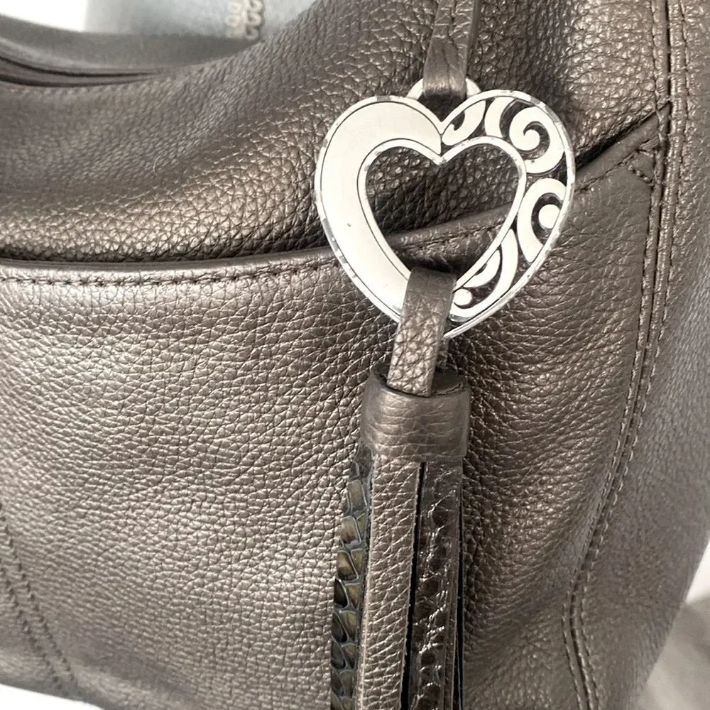 BRIGHTON Metallic Taupe leather shoulder bag braided handle heat charms Medium